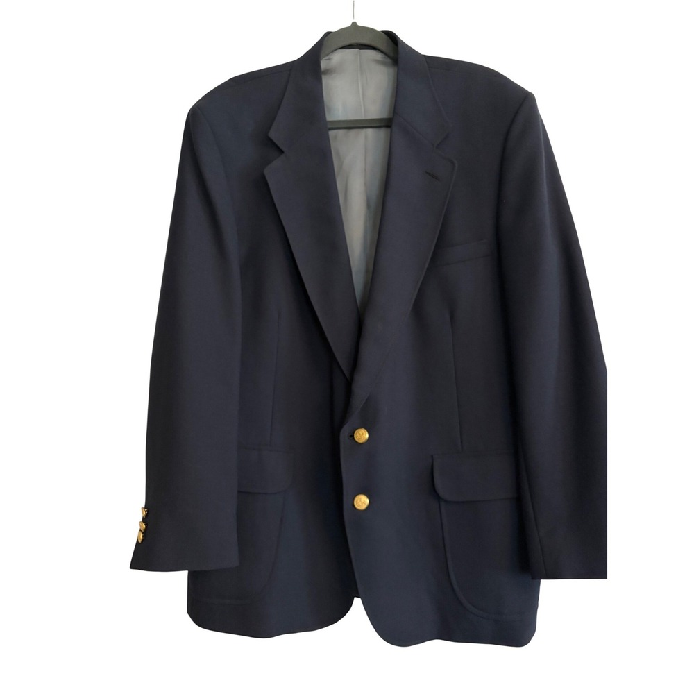 Navy Blue Hopsack Blazer 46R Sport Coat Gold Crest Buttons Stafford Business